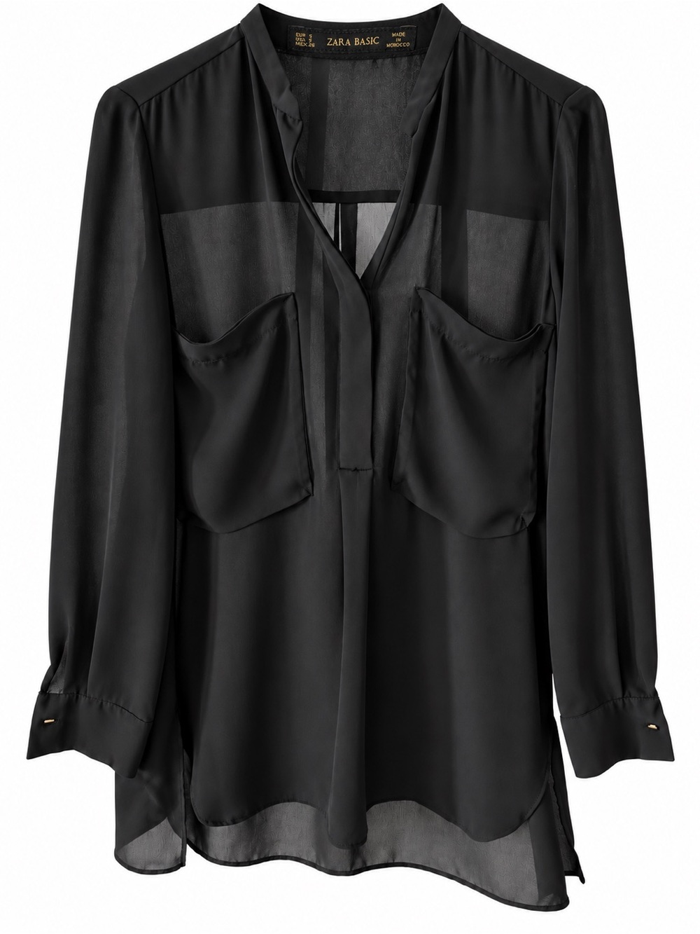 Zara Black Sheer Buttonless V-Neck Pocket Blouse